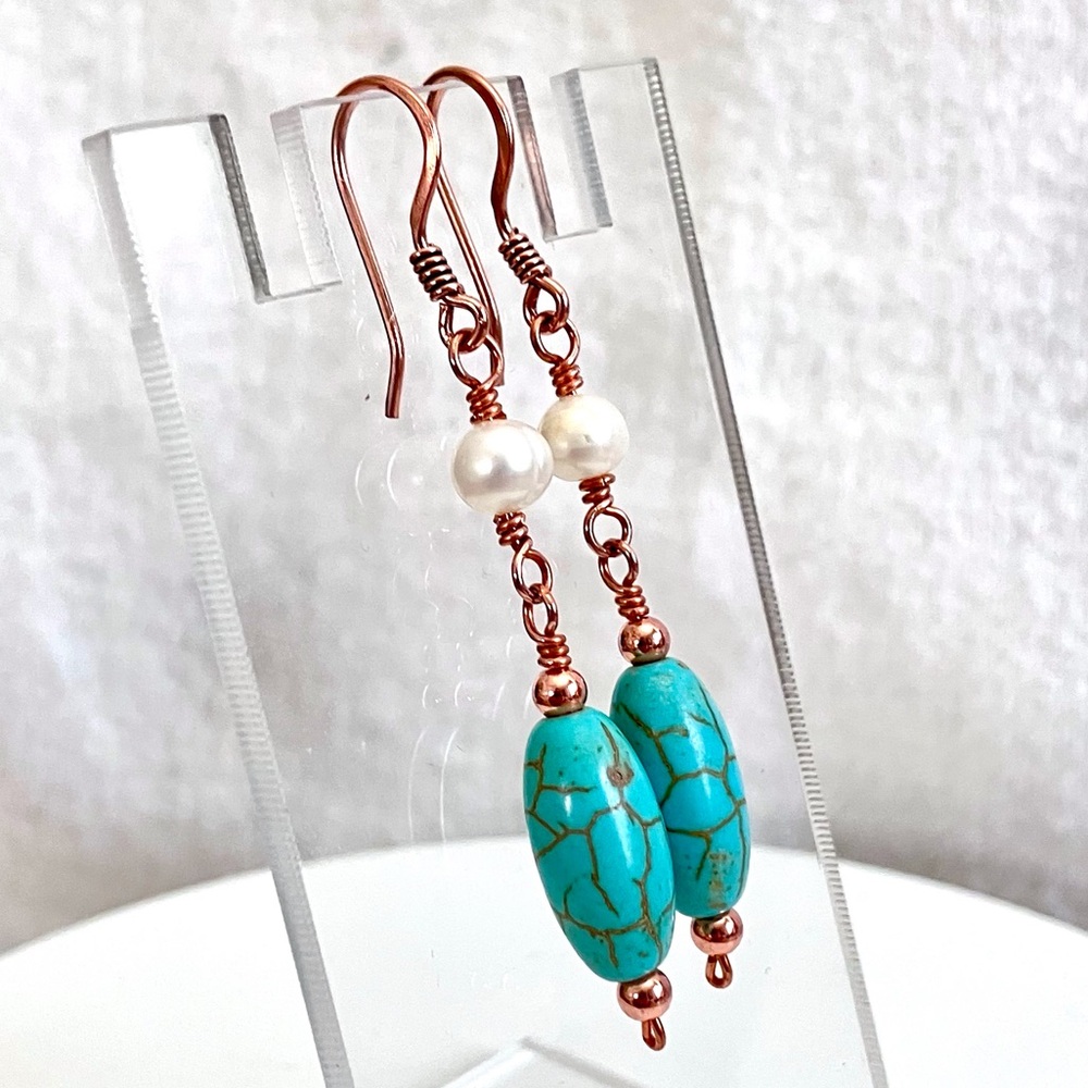 CLEAROUT 🔥 Magnesite Turquoise, Freshwater Pearl & Solid Copper Dangle Earrings